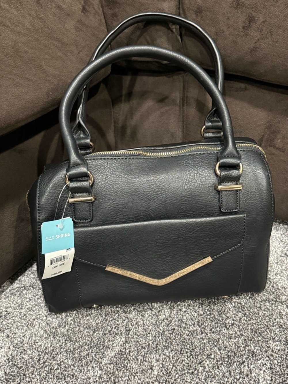 Call It Spring Black Faux Leather Gold Accent Top Handle Satchel Purse Bag NWT